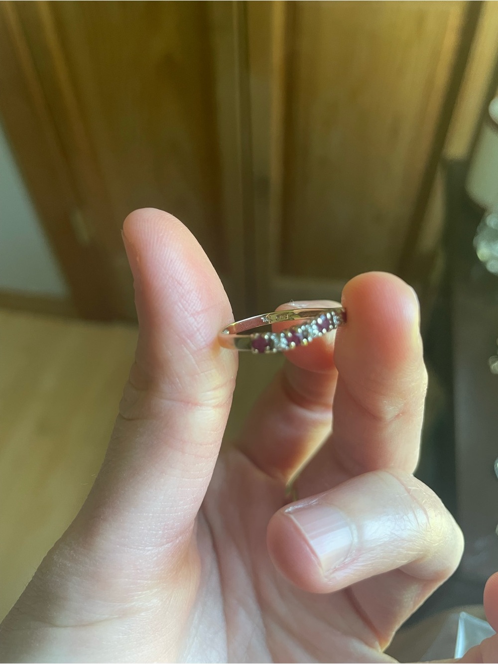 10K Yellow Gold, Diamond and Ruby Stacking Ring - Picture 5 of 6